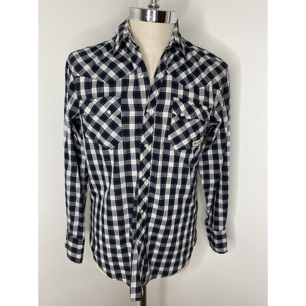 Wrangler Men's Peral Snap Shirt Sz M Plaid Black White Western Cowboy